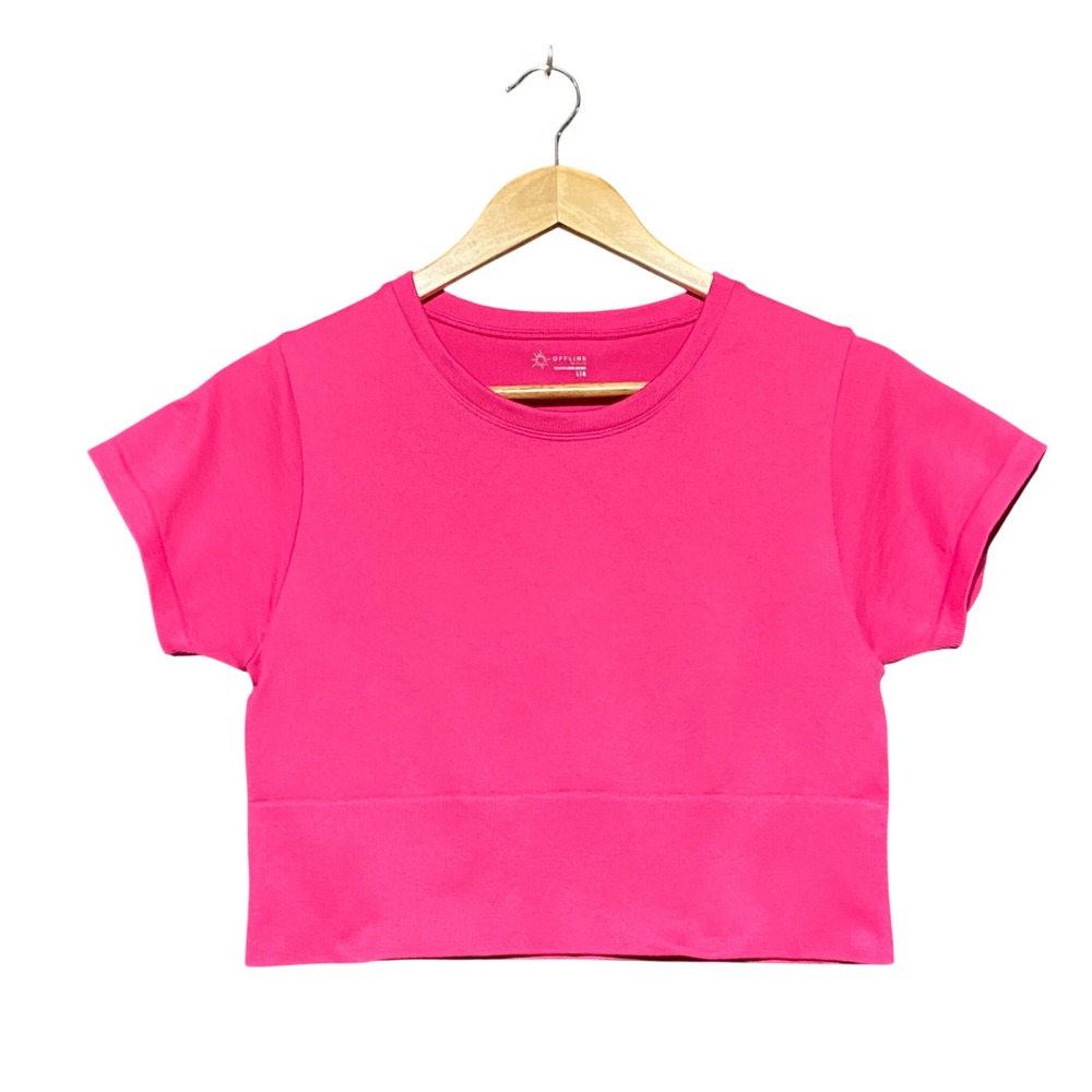OFFLINE by Aerie Seamless Cropped Workout T-Shirt Pink L Barbiecore Gym Sporty
